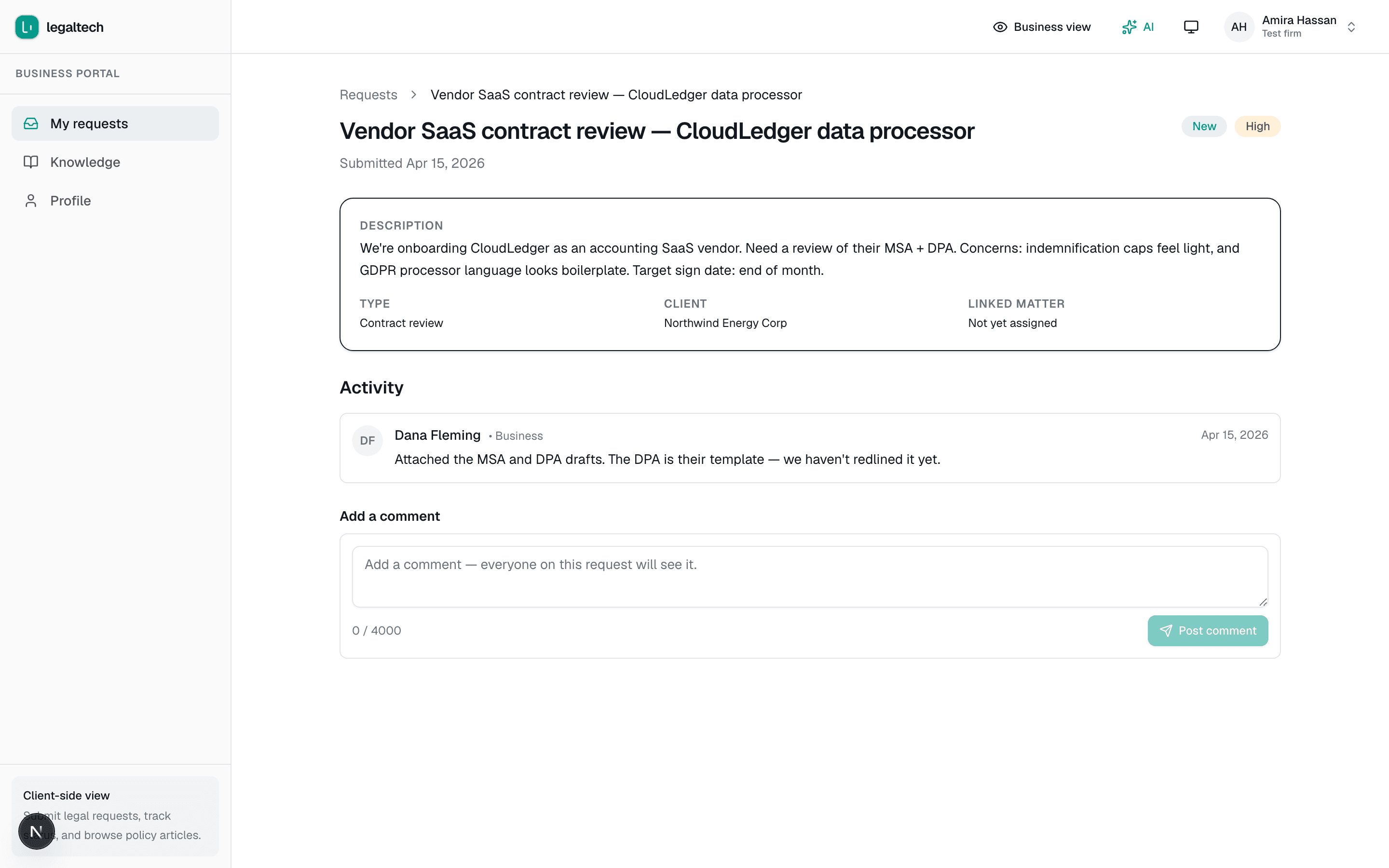 Business user viewing their legal request on the Business Portal