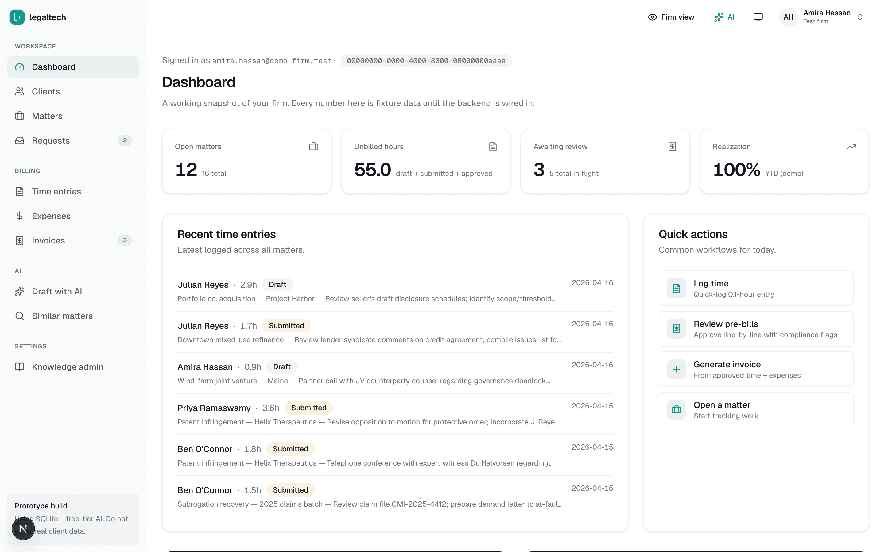 CaseCounsel dashboard with in-house legal metrics, active matters, and recent requests