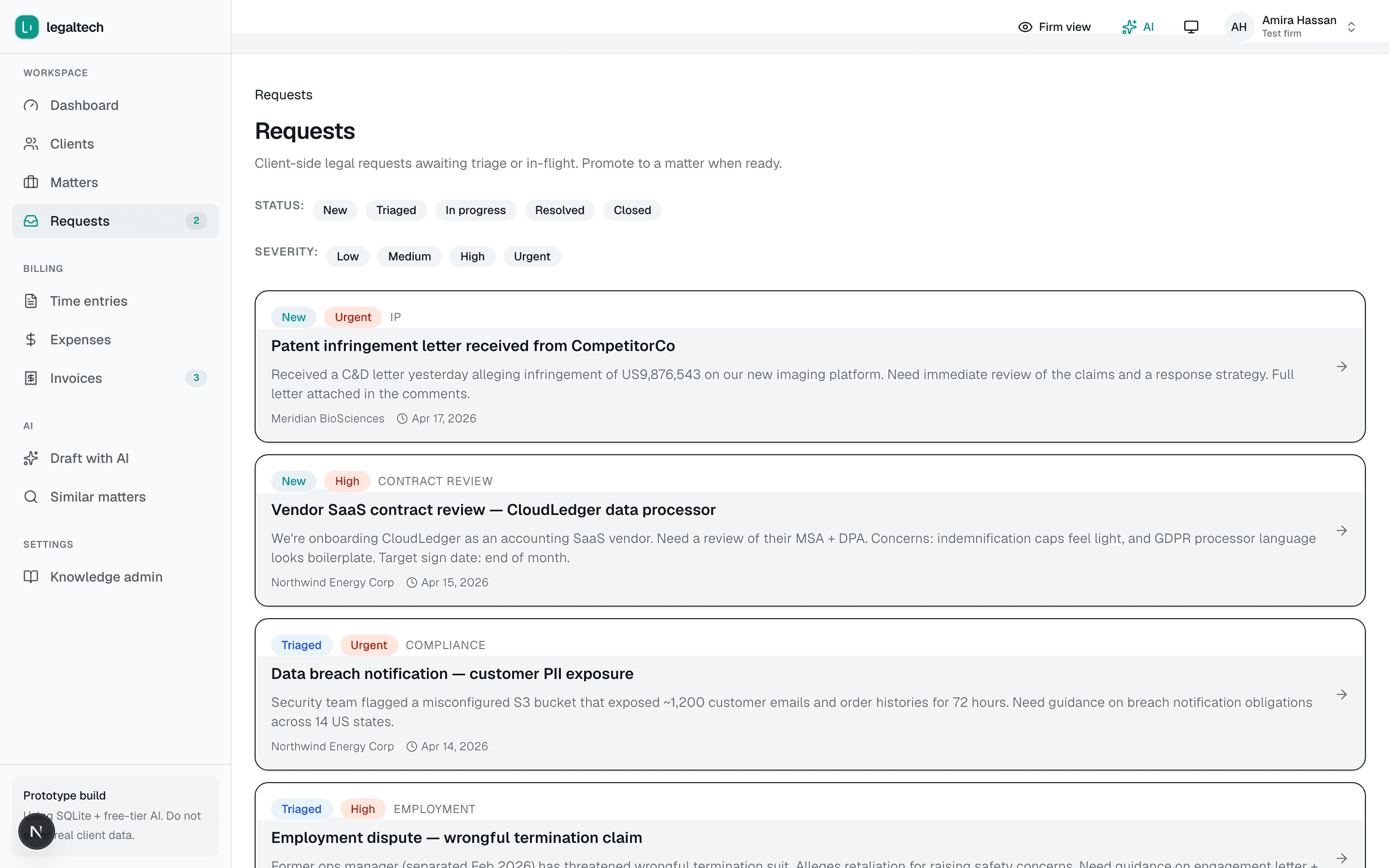 In-house legal requests inbox with Casey triage and suggested answers